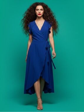 PPLA Royal Blue Flutter Sleeve Wrap Dress High Low Midi Maxi Size M